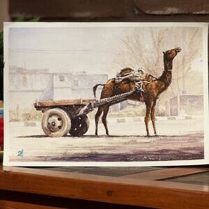 Original Watercolor Painting of an Indian Camel & Cart 16.5 x 12